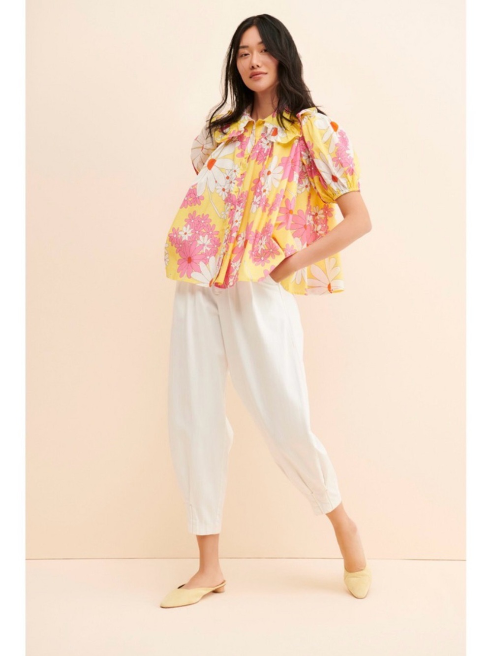 Selkie Cream Puff Swing Blouse Top Yellow Pink Motif Floral Women's Size Medium